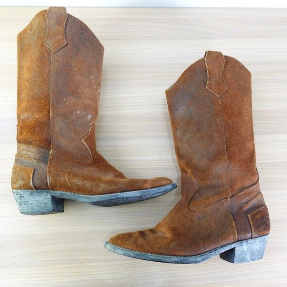 Vintage‎ Western Boots Leather 7.5 DEXTER Brown Cowboy Tall Mid Calf Rodeo USA - Picture 1 of 16